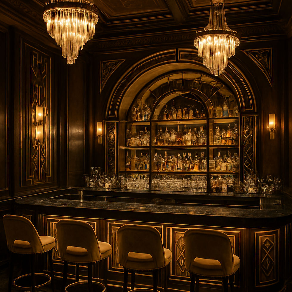 Elegant bar with plush stools, ornate wood panels, and dim lighting. Shelves filled with bottles, creating a cozy, sophisticated ambiance.