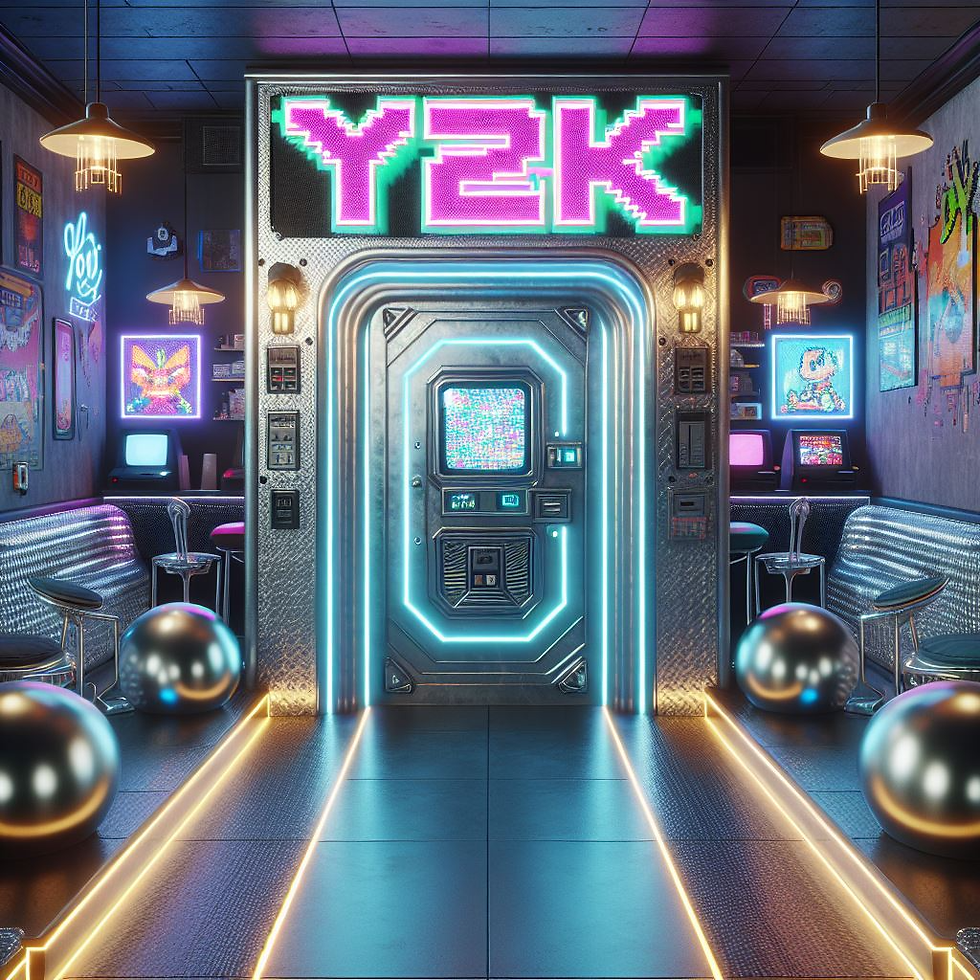 the entrance of a Y2K-inspired bar combining retro and Aluminum Art