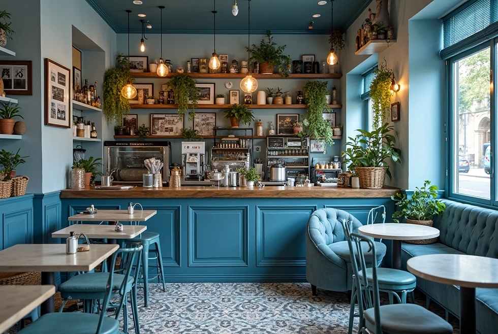 Cozy cafe with teal decor, hanging plants, and vintage photos. Wooden counter with coffee machines. Round tables and tufted seating. Calm ambiance.