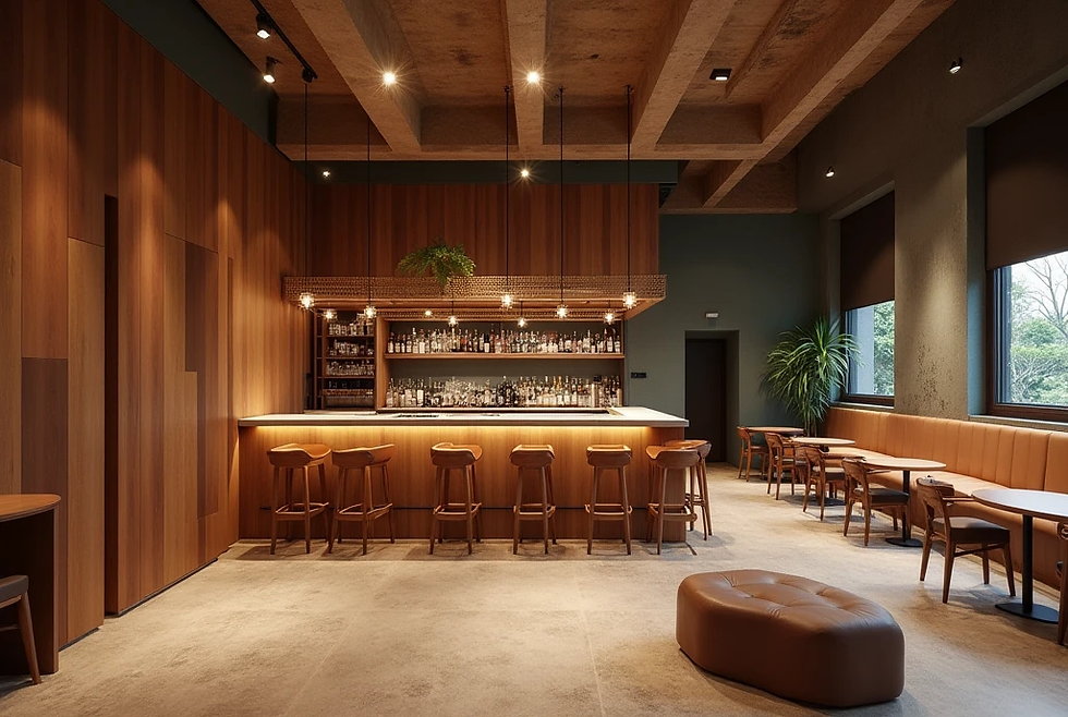 Modern bar interior with a wooden counter, empty high chairs, and shelves of bottles. Warm lighting creates a cozy ambiance. Brown seating in the background.