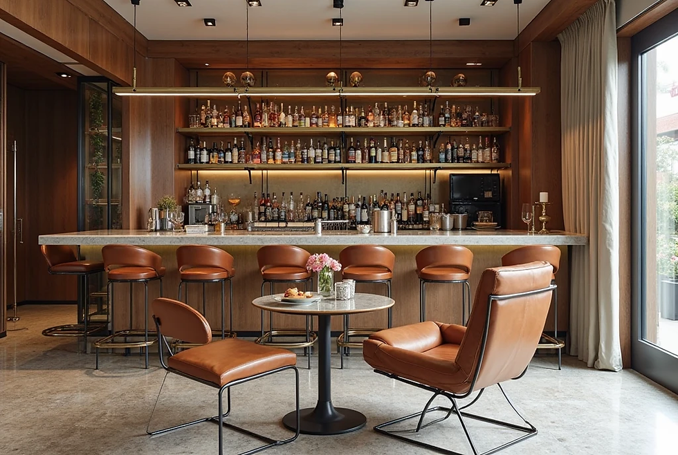 Stylish bar with leather chairs, marble counter, and shelves full of bottles. Warm lighting, cozy ambiance, pink flowers on a table.