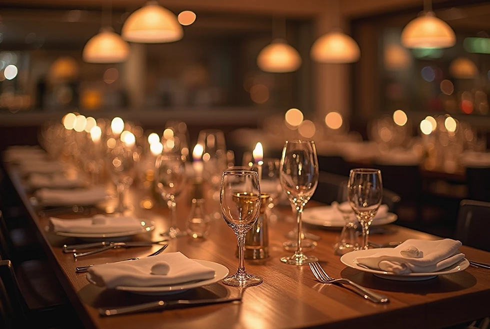 Elegant restaurant table set for dinner, lit by warm candlelight and hanging lamps, creating a cozy, inviting ambiance.