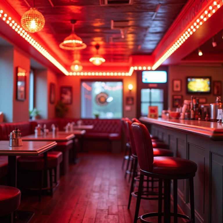 Eye-level view of an inviting retro bar with neon lights