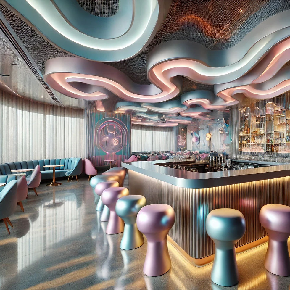 a creative Y2K-inspired bar interior that integrates retro aesthetics with Aluminum Art, focusing on sustainability and innovative shapes