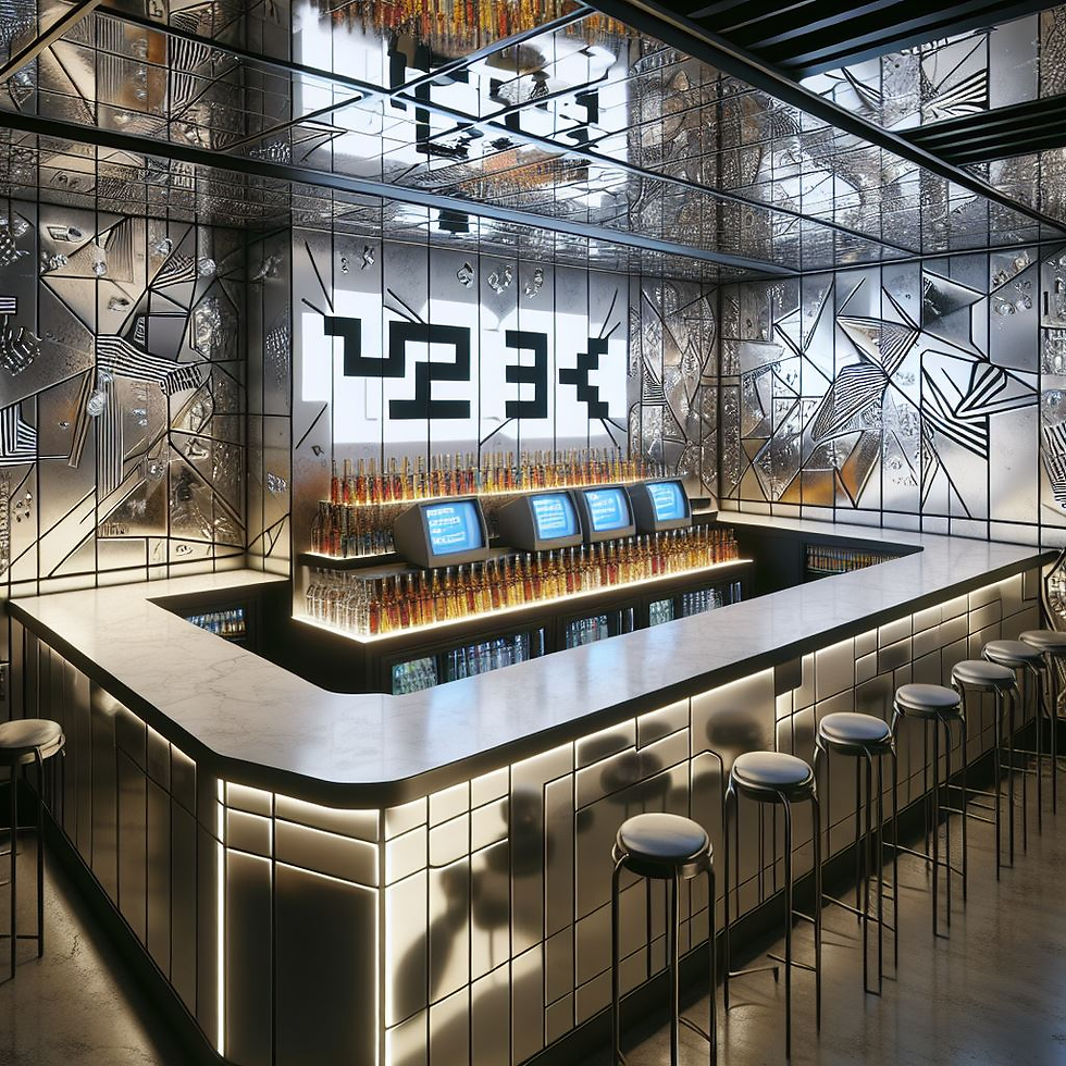 The bar features recycled aluminum installations that tell unique stories, with intricate wall panels that fragment and reflect light like digital memories