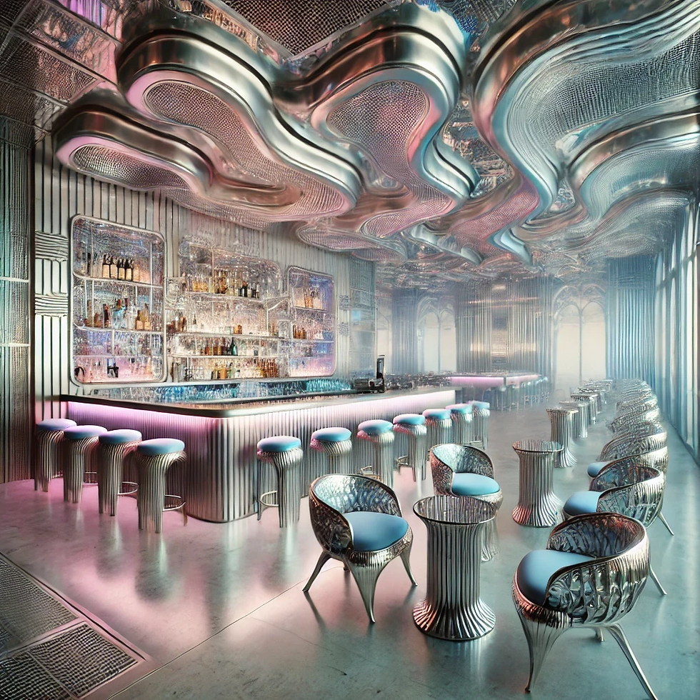 the Y2K-inspired bar interior designed with Aluminum Art and sustainable materials, reflecting a nostalgic yet forward-thinking ambiance