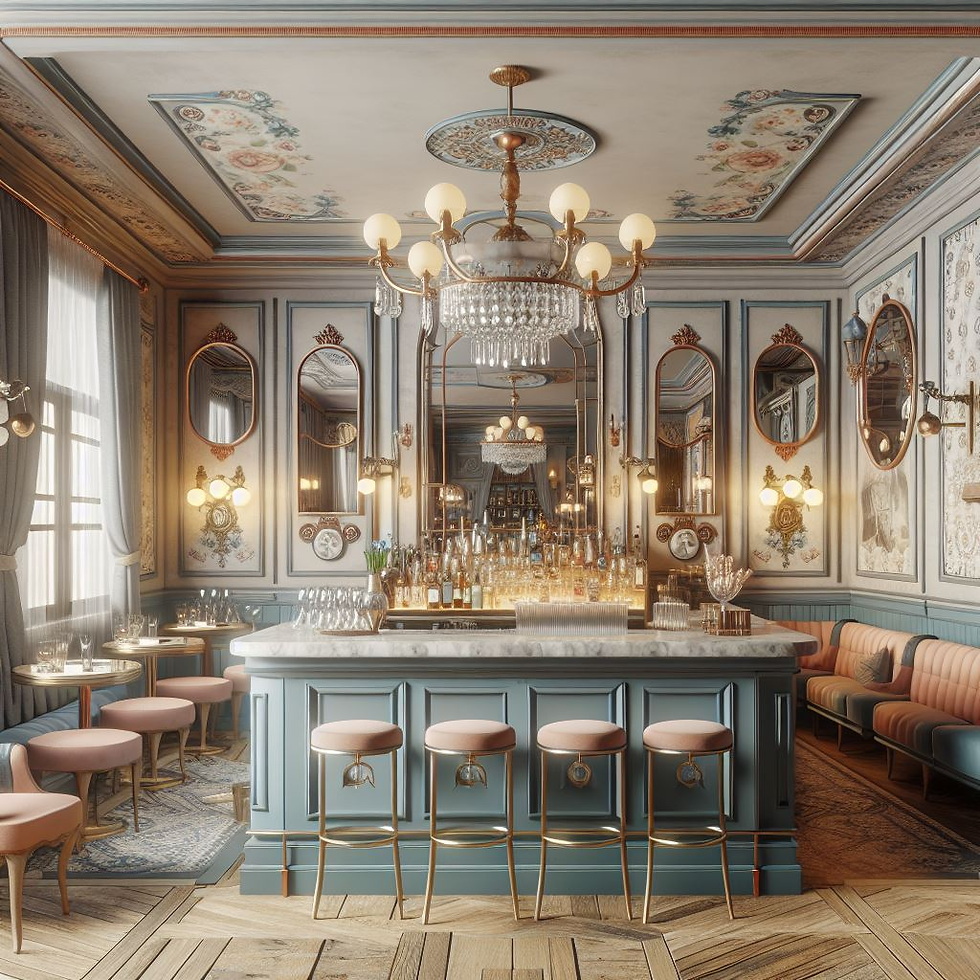 The bar with Dusty blue walls paired with peach-colored furniture create a dreamy, old-world feel