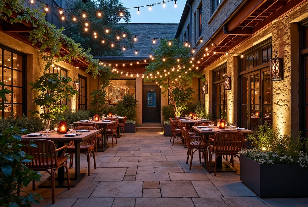 Cozy outdoor restaurant with string lights, tables set for dining. Warm glow, rustic walls, and potted plants create an inviting atmosphere.