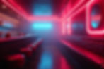 A retro bar with red neon lights, red bar stools, and leather seating. Bottles line the bar; a blue neon light glows in the background.