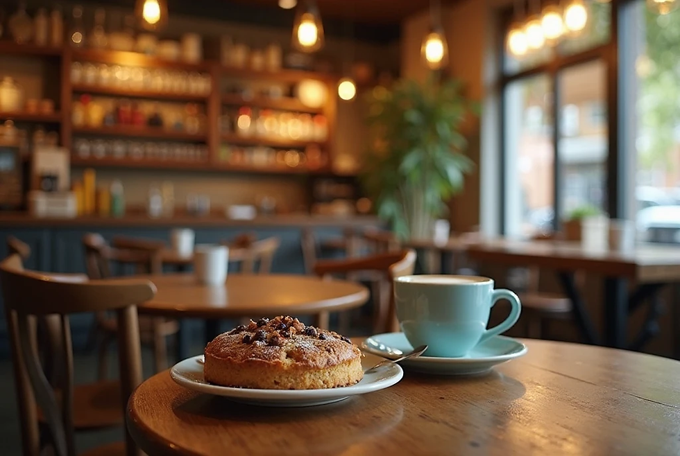 Cup of coffee and a muffin on a wooden table in a cozy cafe. Warm lighting, blurred shelves in background, inviting and relaxed atmosphere.