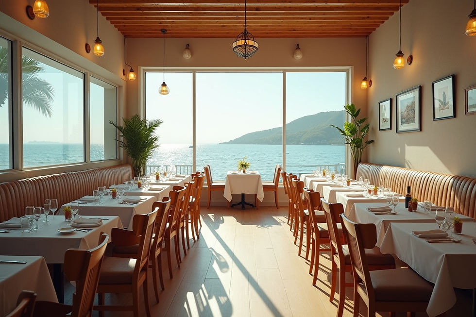 High angle view of a coastal-themed restaurant interior