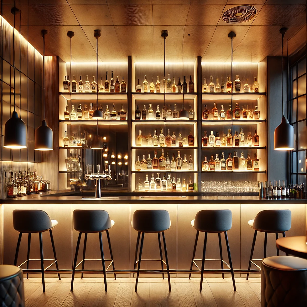Stylish bar with wooden shelves stocked with bottles, soft lighting, and modern stools, creating a cozy, inviting atmosphere.