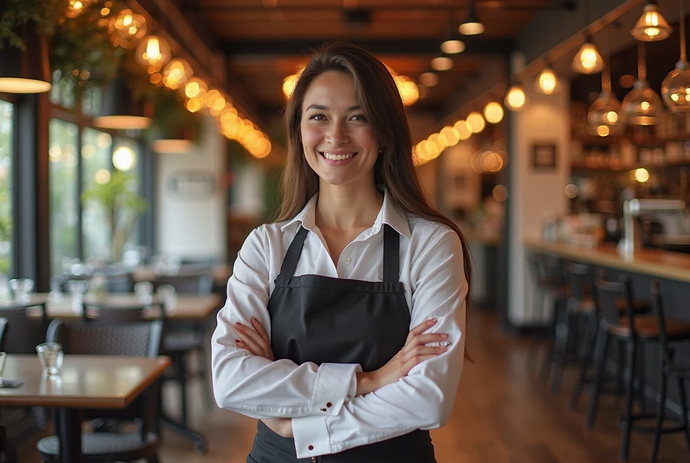 Smiling woman in a black apron stands with arms crossed in a warmly lit restaurant. Tables and plants are visible; cozy atmosphere.