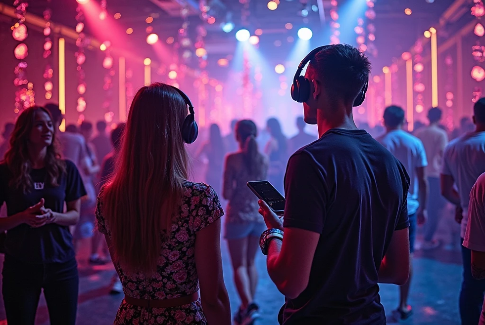 People at a silent disco with headphones in a dim, colorful room. Neon lights create a vibrant atmosphere as a person holds a phone.