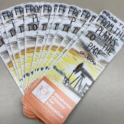 Oklahoma students holding winning bookmark designs from the Oklahoma Shift Bookmark Design Challenge, celebrating reading, creativity, and literacy across schools statewide.