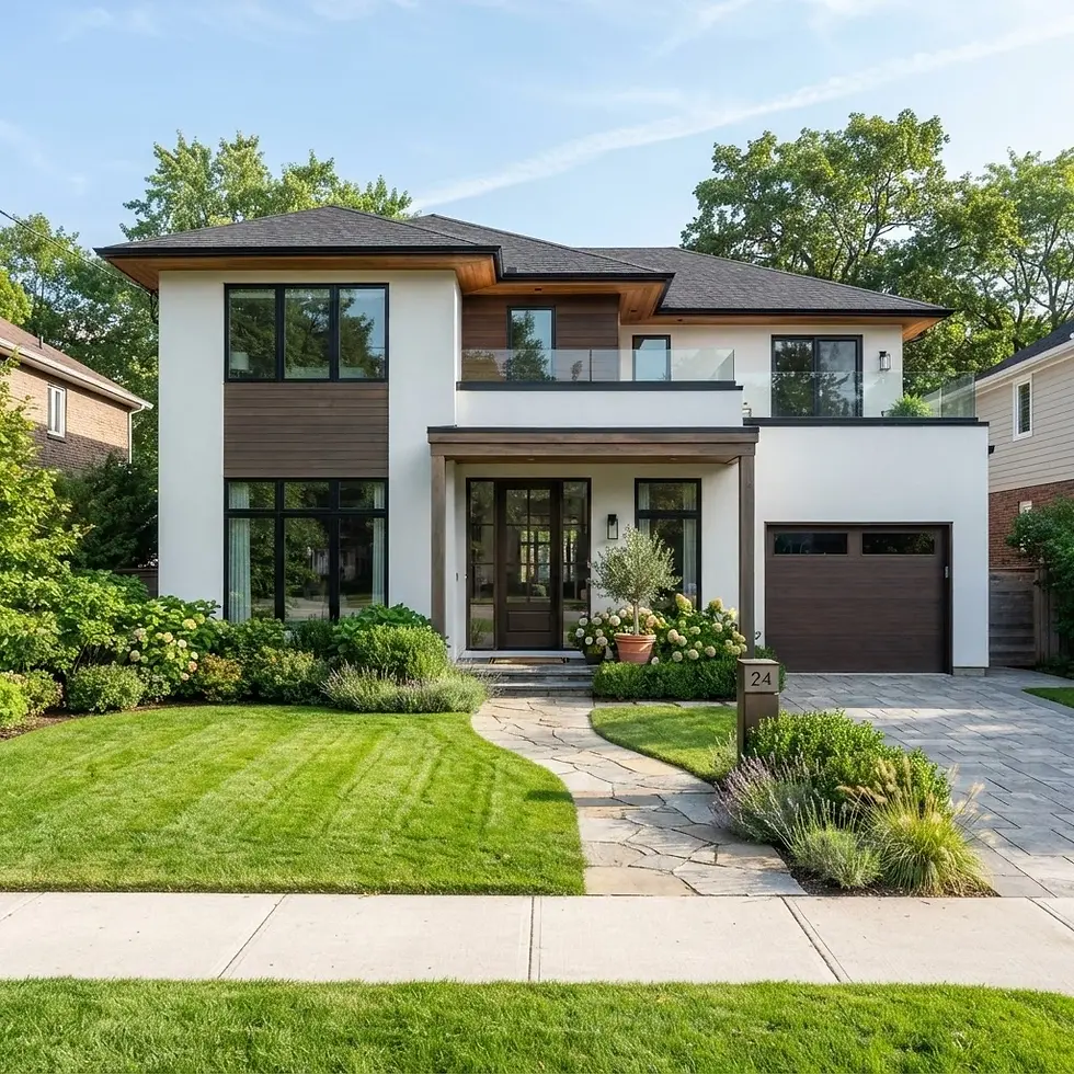 Architectural photography of a contemporary two-story house with modern landscaping. The home features clean white walls contrasted by dark brown wood accents and a manicured green lawn.