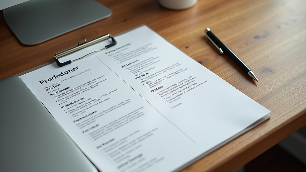 High angle view of a minimalistic resume layout on a wooden desk