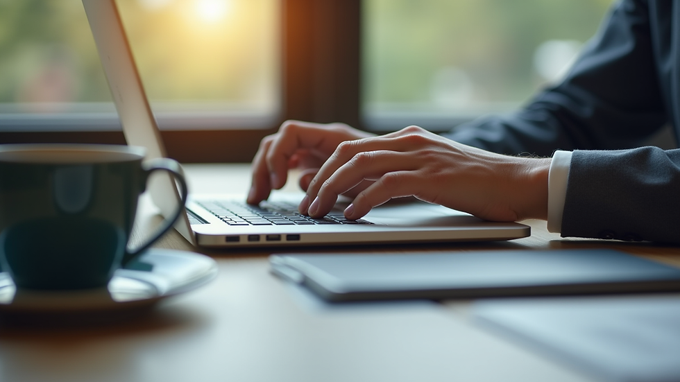 Eye-level view of a professional typing on a laptop with a cup of coffee nearby