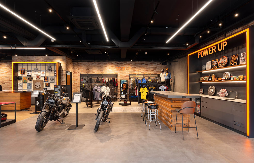 Motorcycle display area in the Harley Davidson retail interior.
