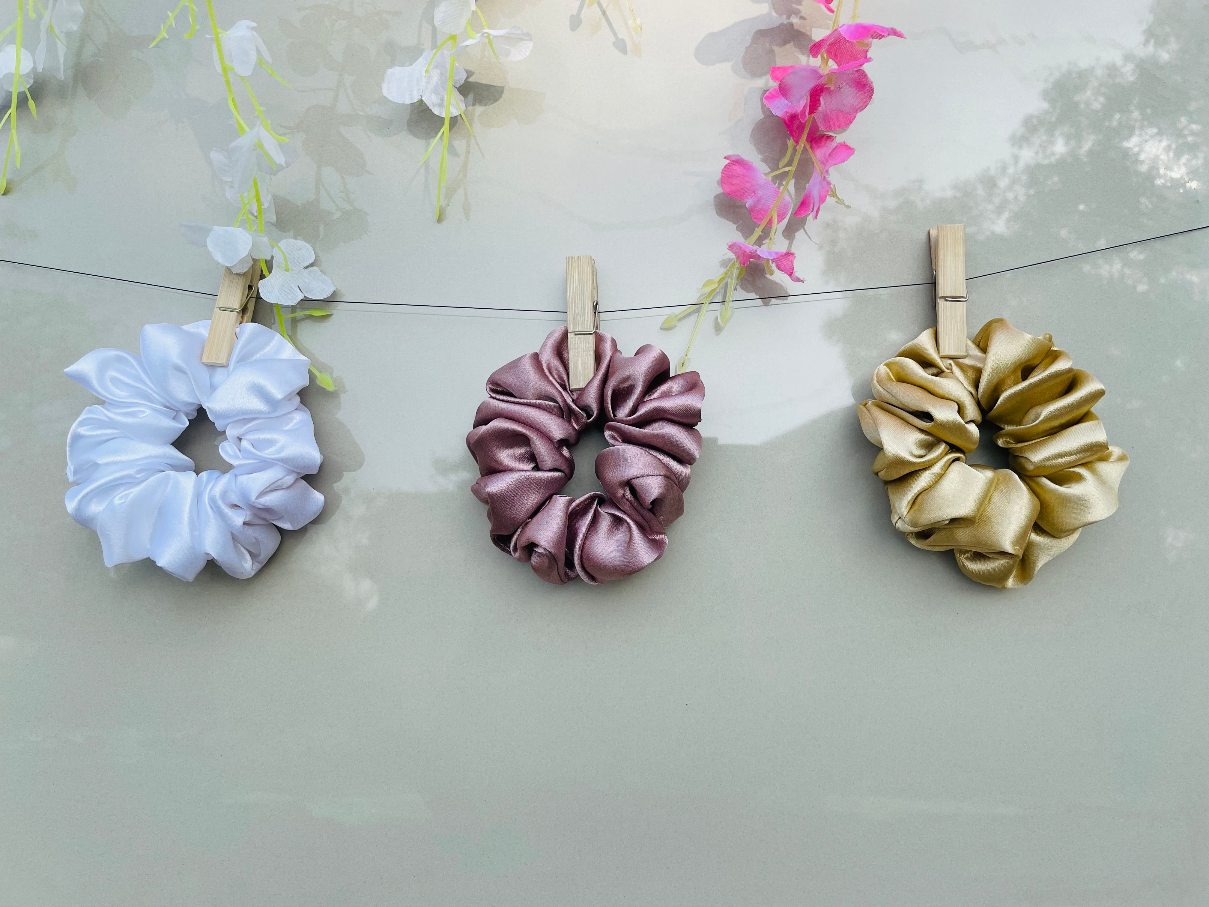 Premium Moose Satin Solid Color Scrunchies for Girls and Women (Set of 3).