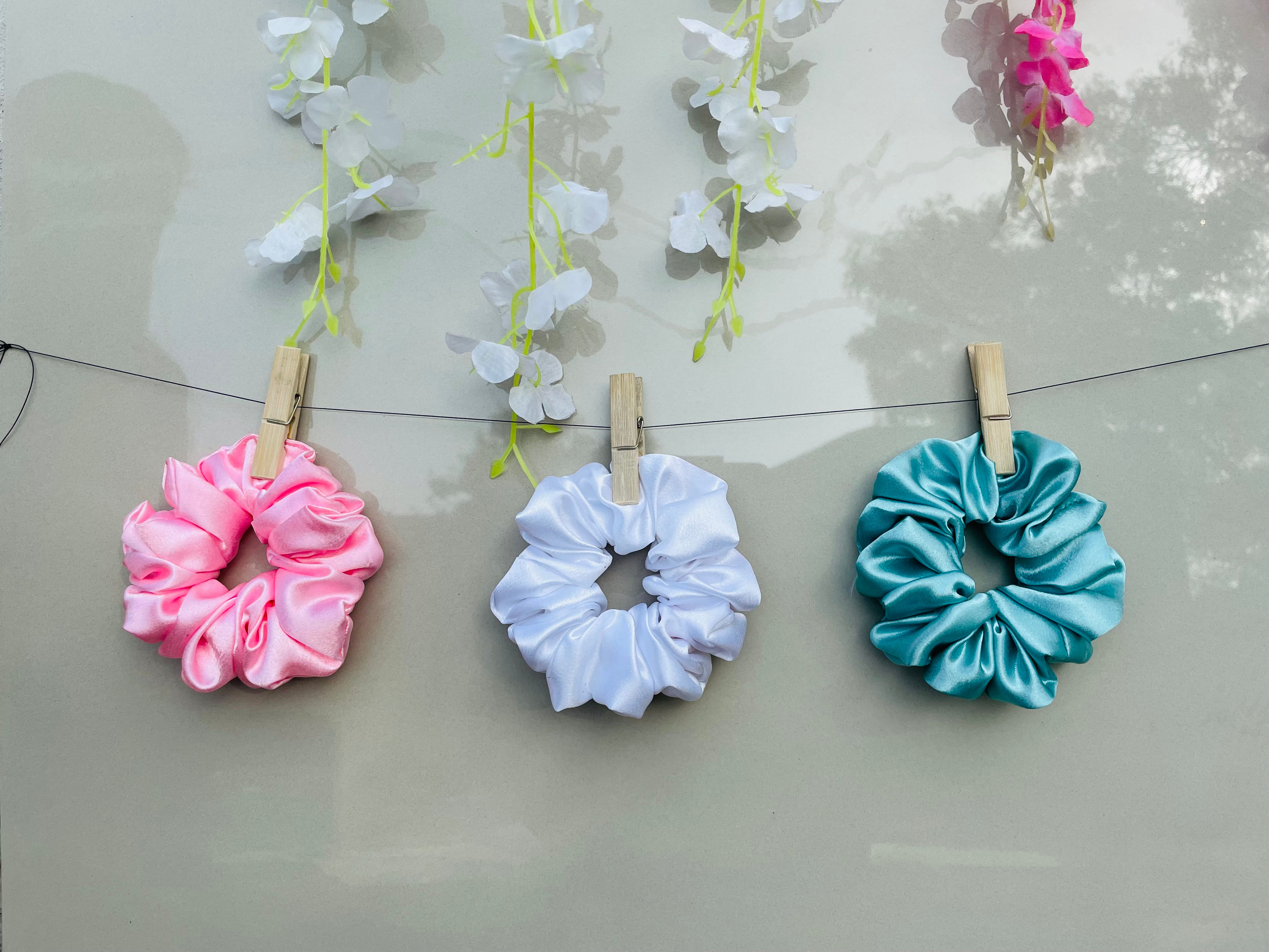 Premium Moose Satin Solid Color Scrunchies for Girls and Women (Set of 3).