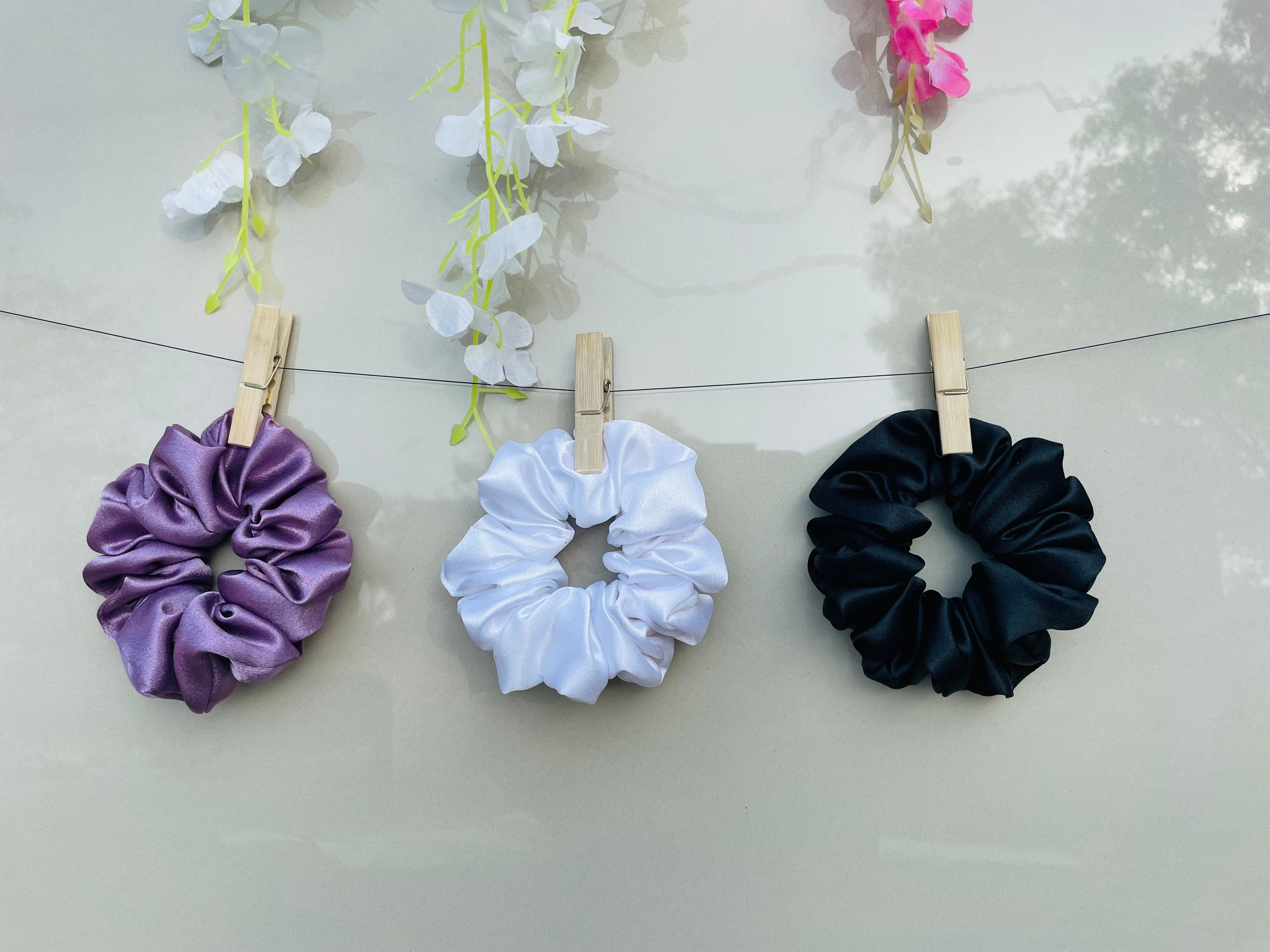 Premium Moose Satin Solid Color Scrunchies for Girls and Women (Set of 3).