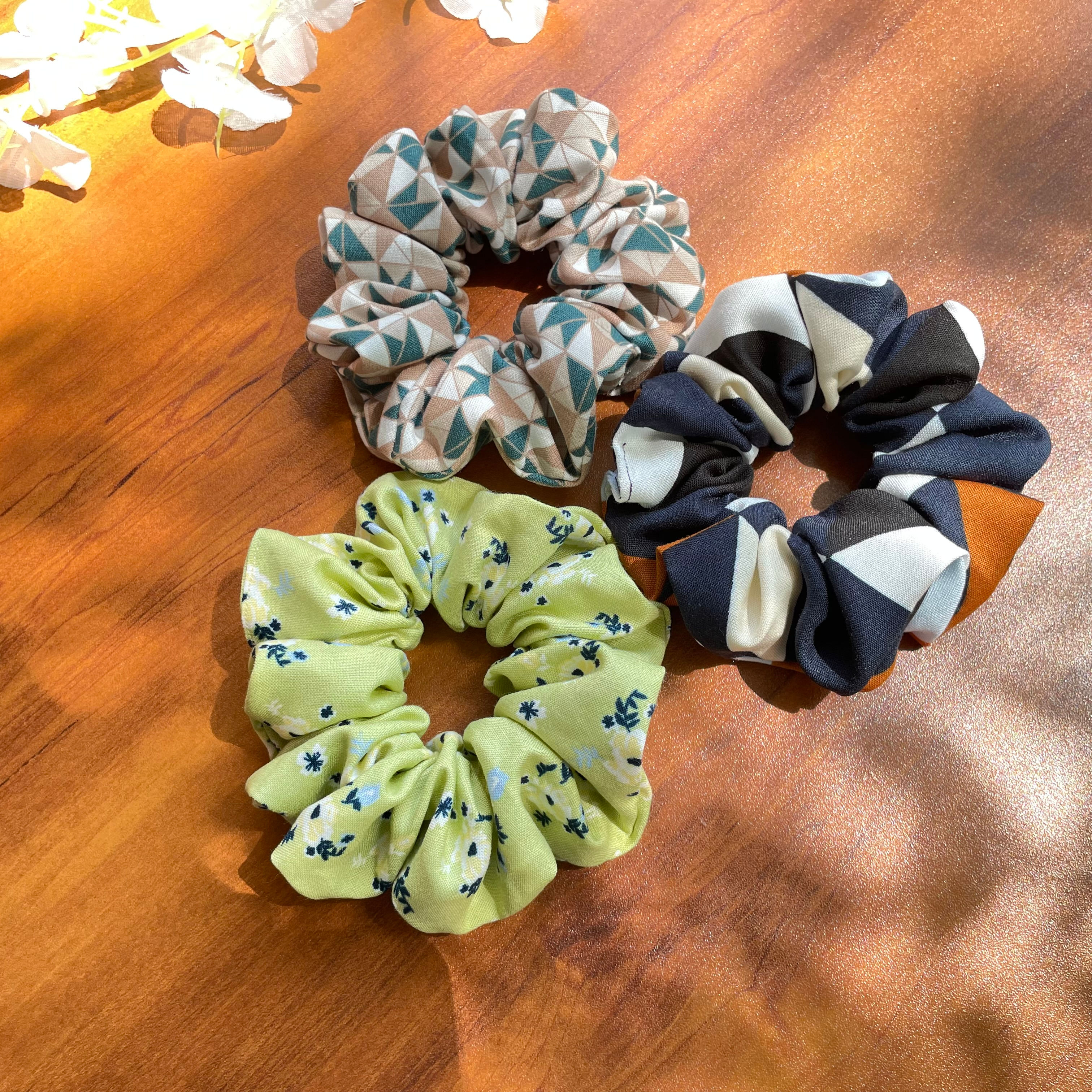 Premium Rayon Printed Scrunchies for Girls and Women (Set of 3).