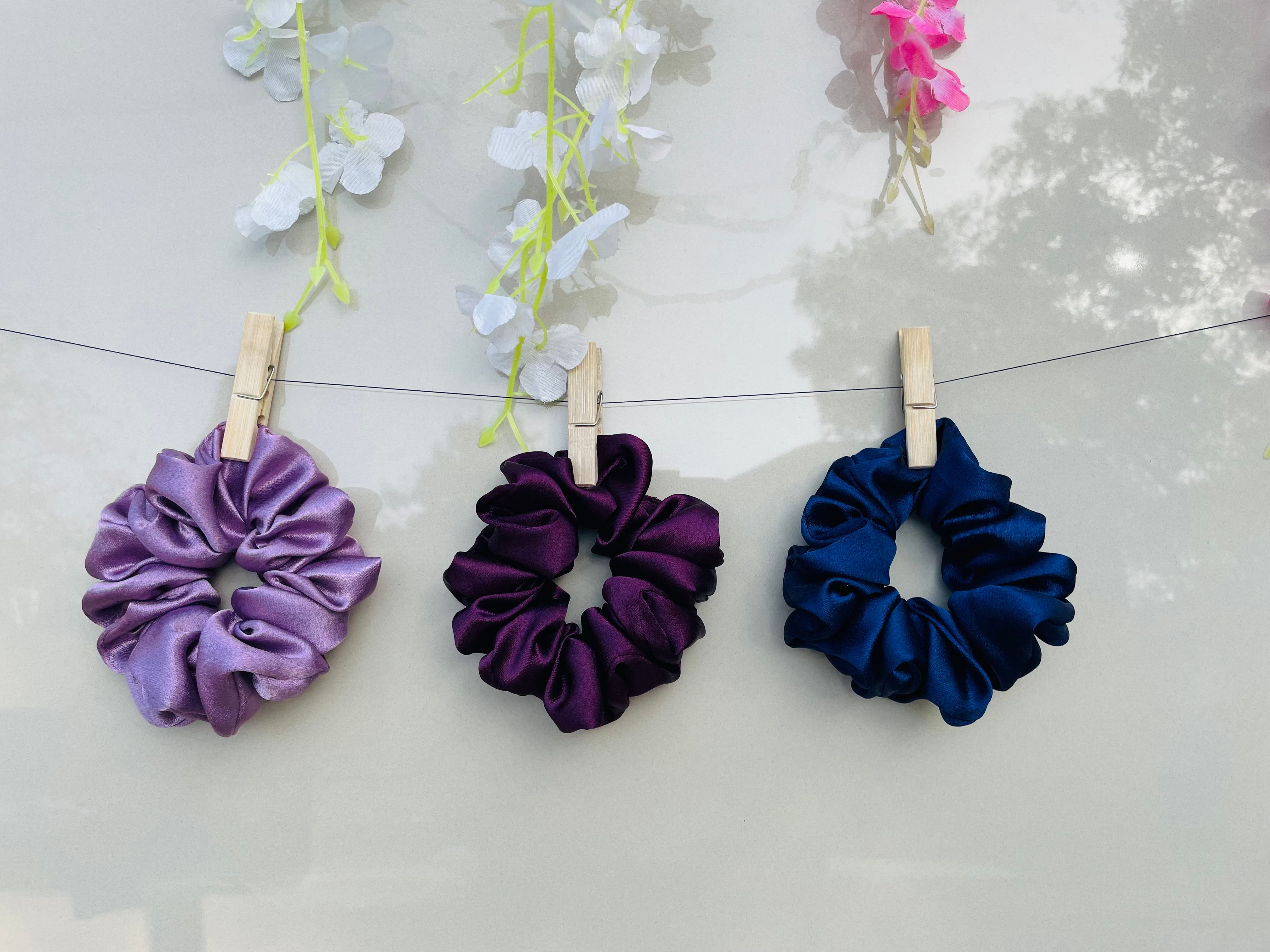 Premium Moose Satin Solid Color Scrunchies for Girls and Women (Set of 3).