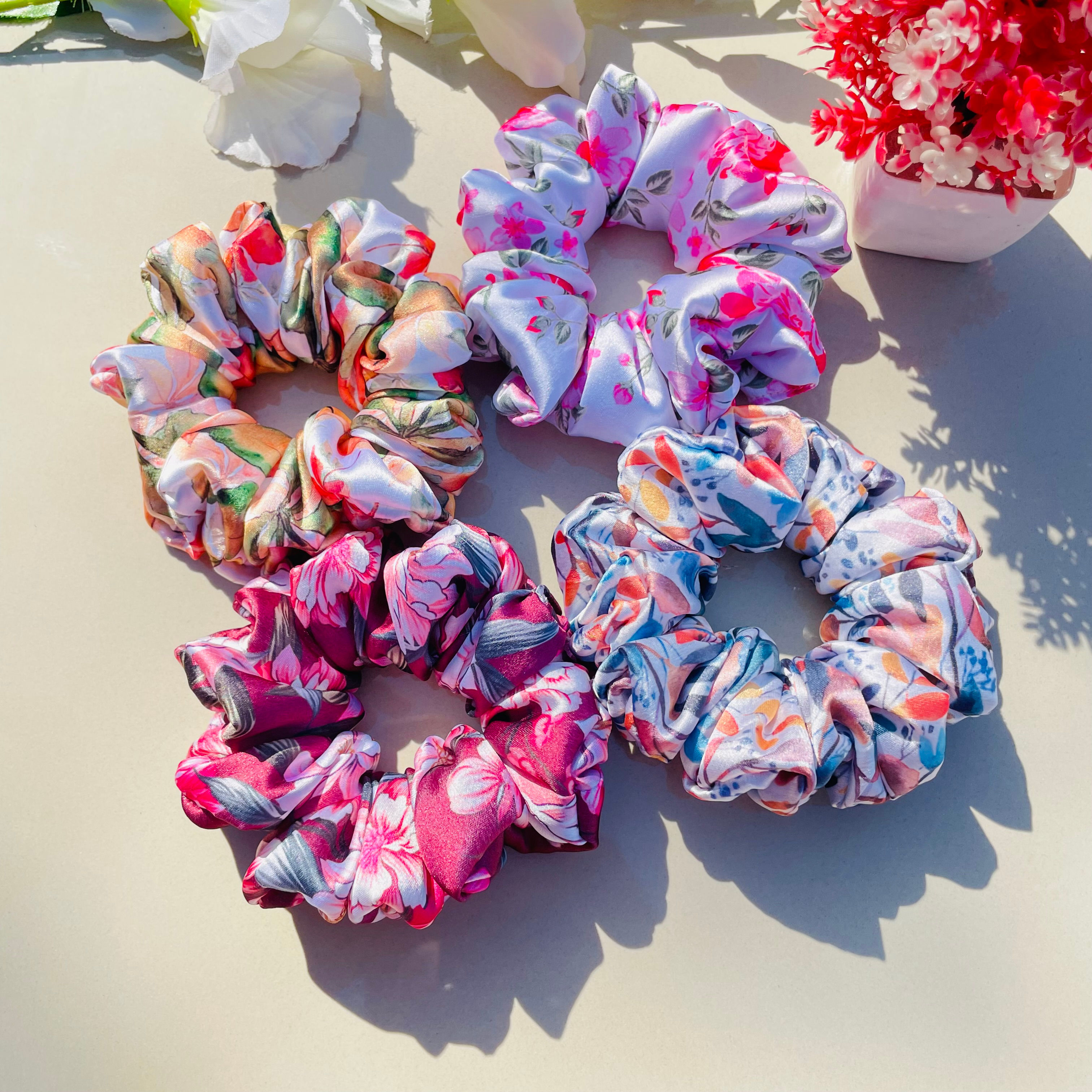 Premium Japan Satin Printed Scrunchies for Girls and Women (Set of 4)
