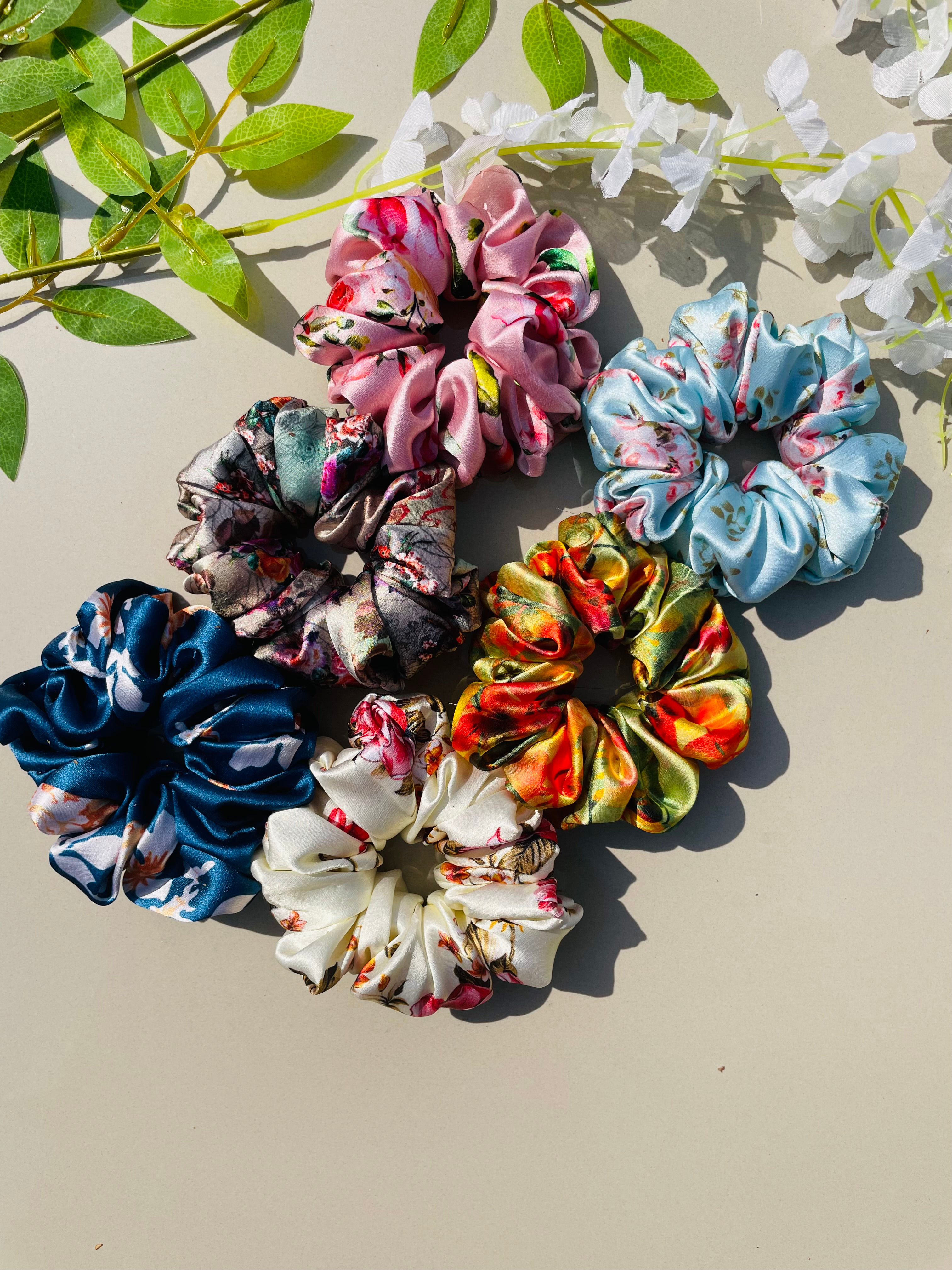Premium Japan Satin Printed Scrunchies for Girls and Women (Set of 6).