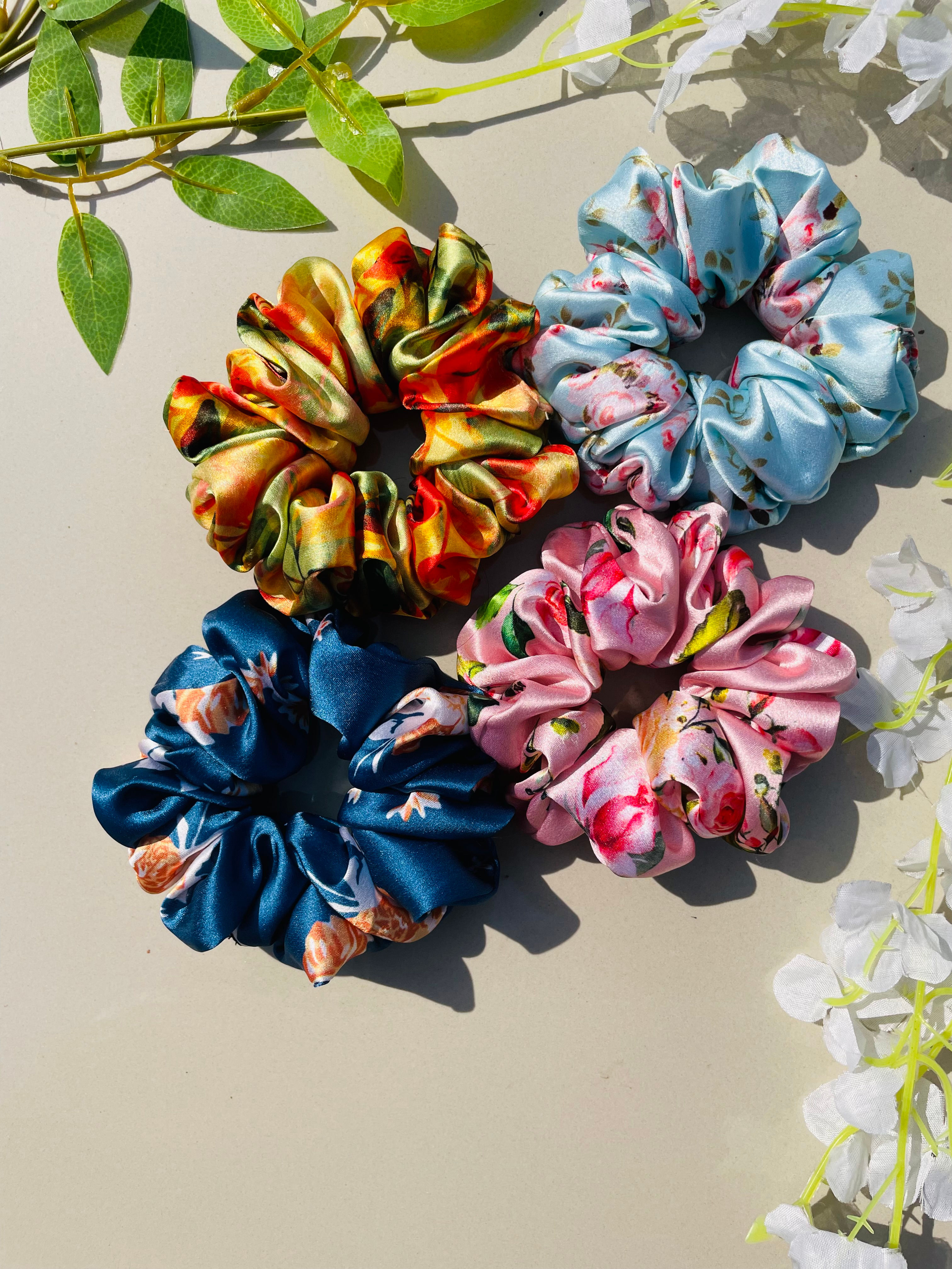 Premium Japan Satin Printed Scrunchies for Girls and Women (Set of 4).