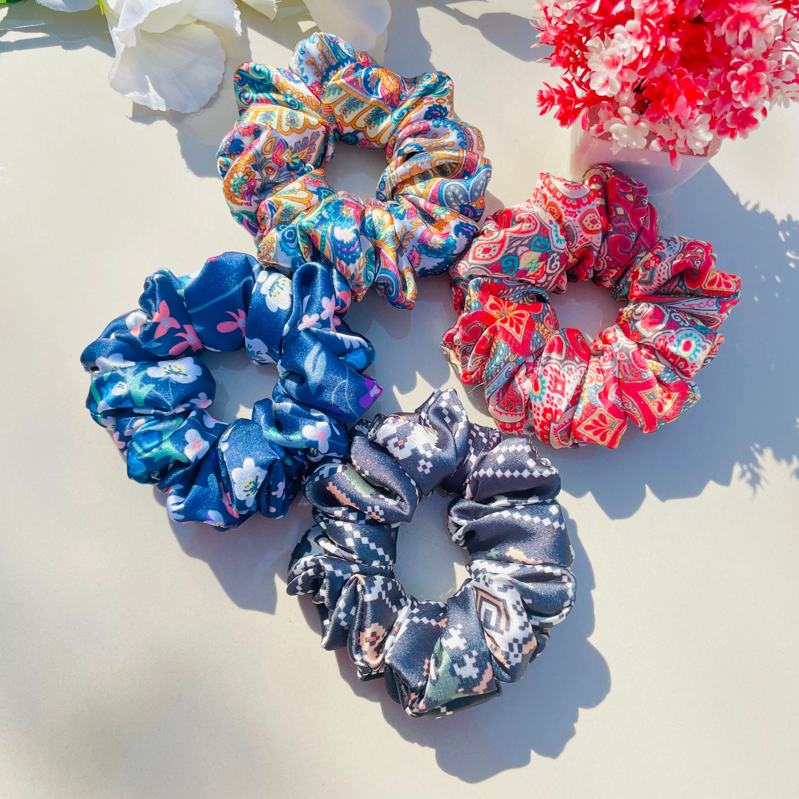 Premium Japan Satin Printed Scrunchies for Girls and Women (Set of 4)
