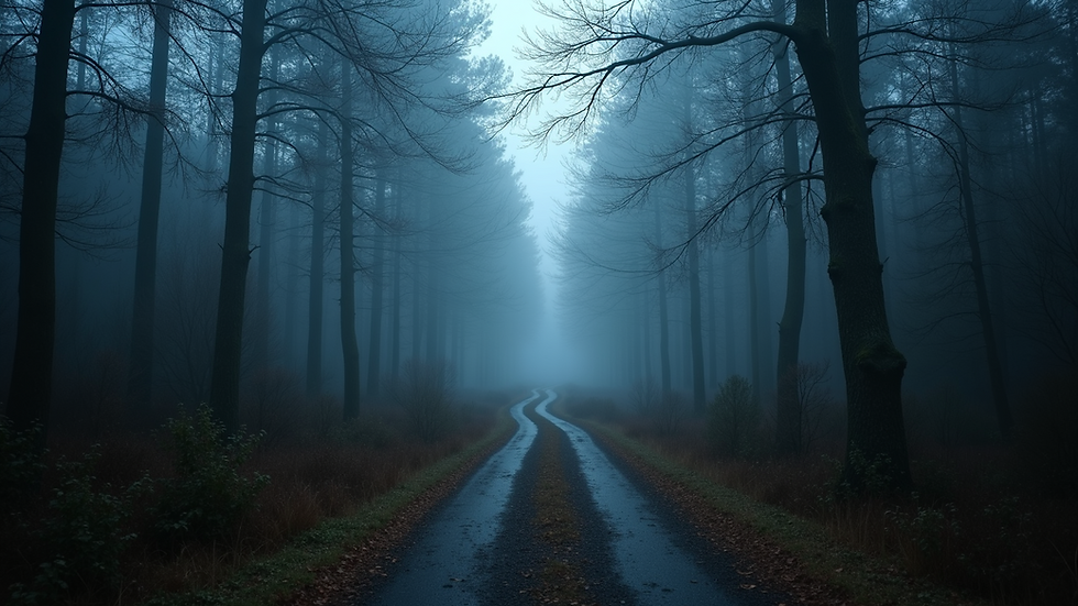 Eye-level view of a foggy forest path at dusk