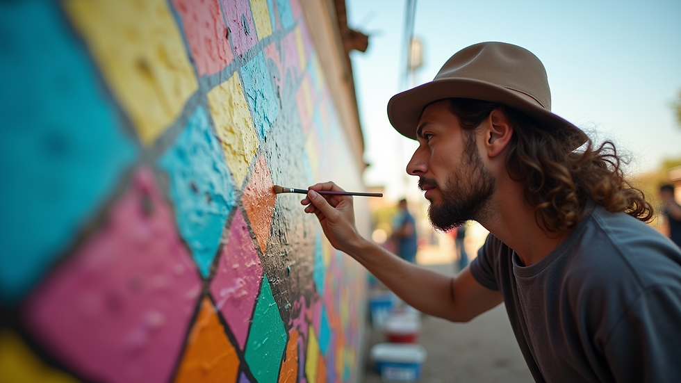 Eye-level view of a mural artist painting a vibrant scene at an outdoor festival
