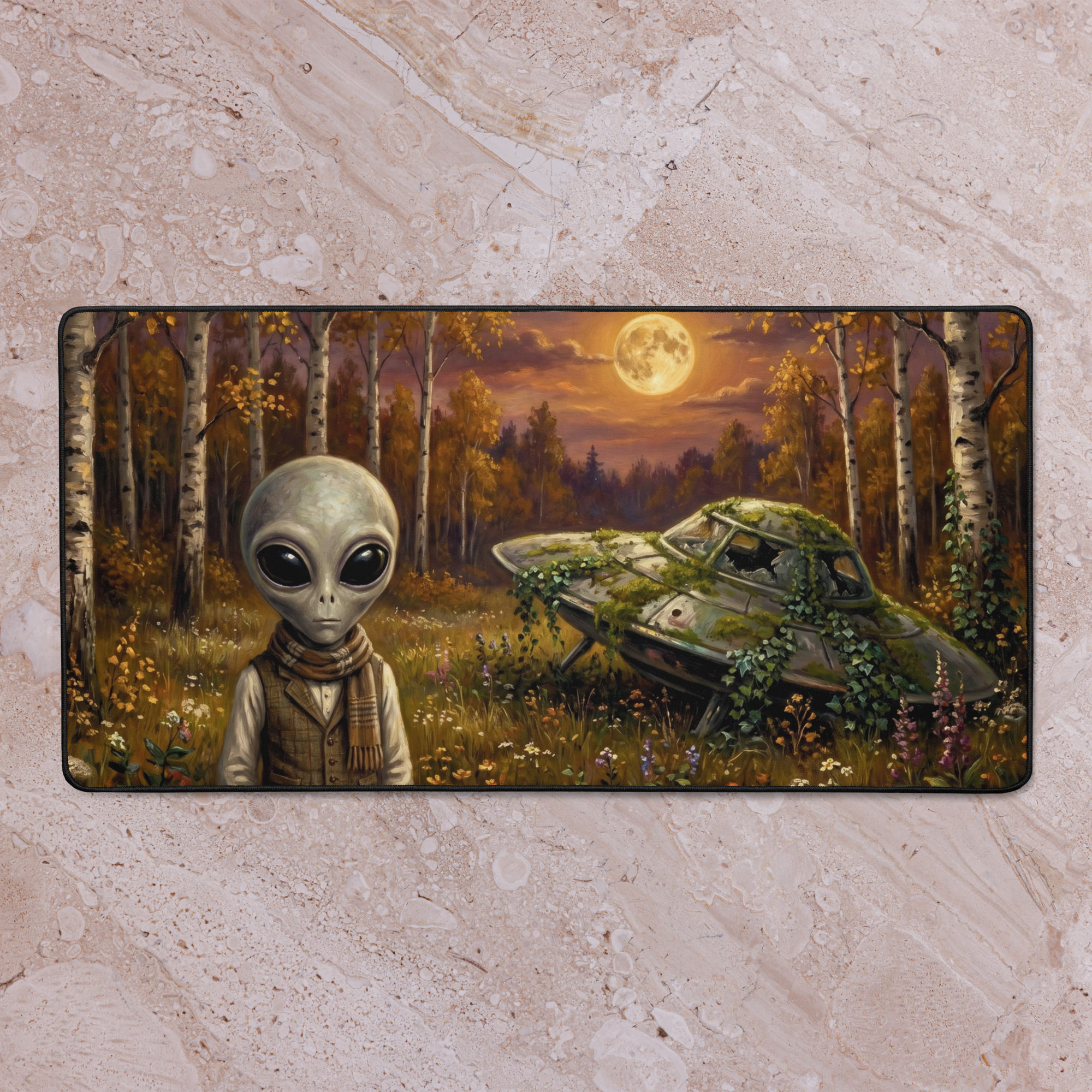 Large gaming desk mat featuring a Grey alien in a waistcoat and a golden birch forest.