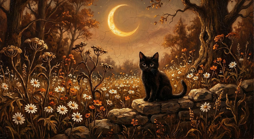 Black cat on stone wall under crescent moon, Black Cat Halloween Meadow