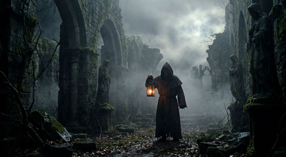 Ghostly monk standing among the ruins of Abbey Hulton at night