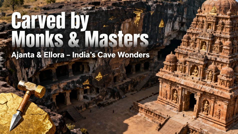 Fantasy digital art of a moss-covered ancient temple at night with glowing red windows and a large stone hammer in the foreground representing the monks and masters of Ajanta and Ellora.