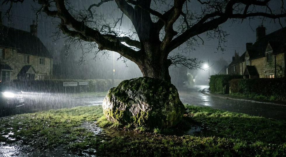 Scrapfaggott Lane witch stone boulder at village crossroads.