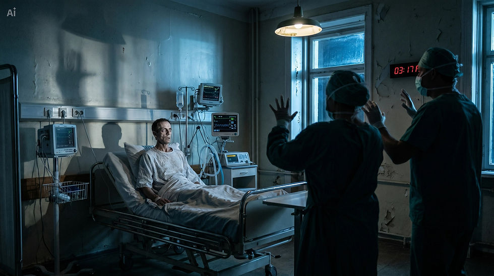 Man presumed dead suddenly waking up in a dark hospital room surrounded by shocked doctors