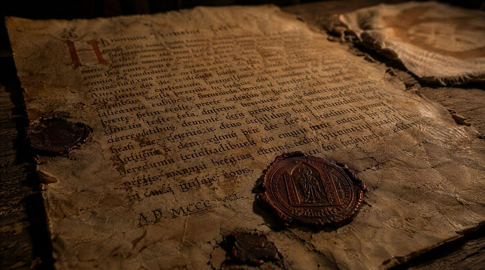 Ancient vellum manuscript from the 1307 Templar trials with Latin text.