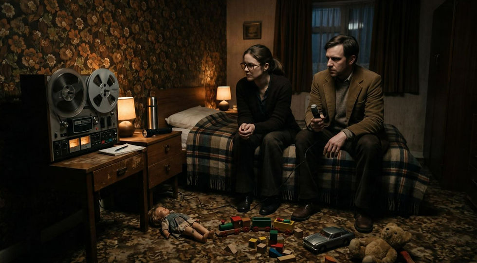 Enfield poltergeist bedroom investigation with vintage audio equipment.