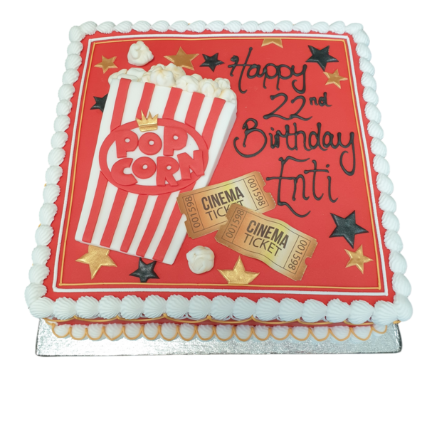 Bespoke Movie Night celebration cake with popcorn decoration in Solihull, West Midlands.