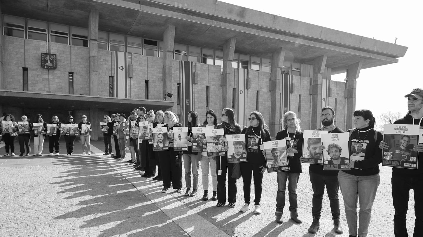 Activists and relatives of hostages held captive in Gaza demonstrate at the Knesset in Jerusalem on Feb. 17, 2025.