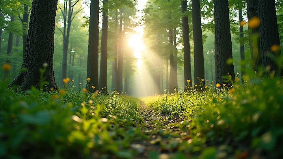 Eye-level view of a lush green forest with sunlight filtering through the trees