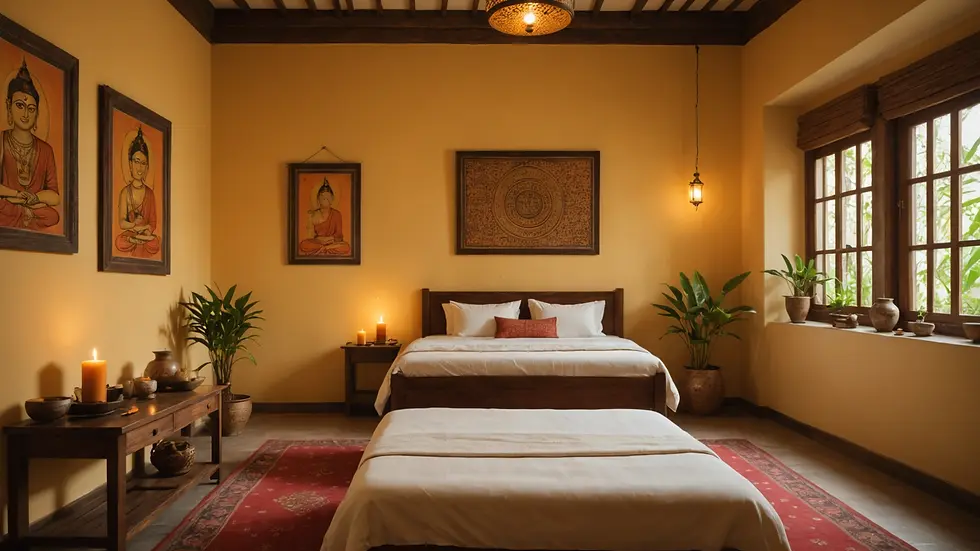 Eye-level view of a serene Ayurvedic treatment room