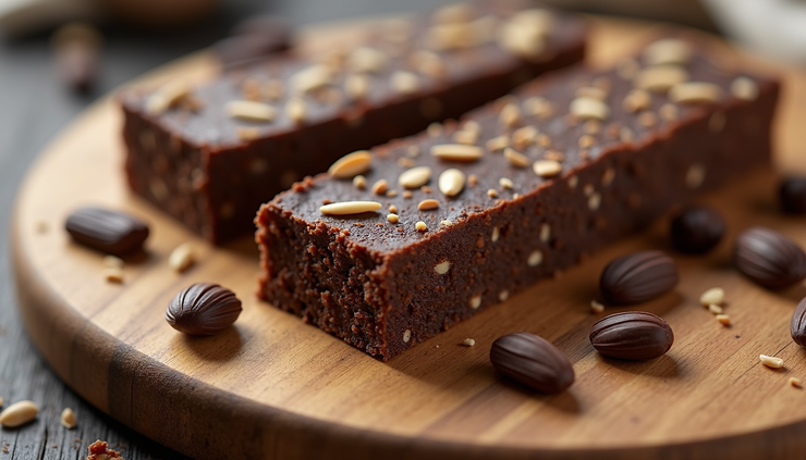 Vue rapprochée de barres énergétiques vegan au chocolat noir et graines sur une planche en bois