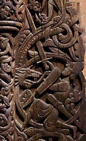A wooden carving from the Hylestad stave church showing Sigurð stabbing Fáfnir from below
