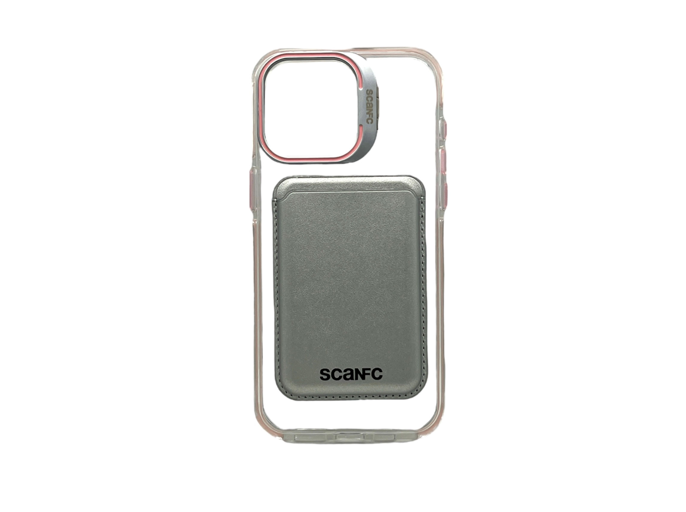 SCANFC build-in lens stand transparent iPhone case-pink (silver card holder)