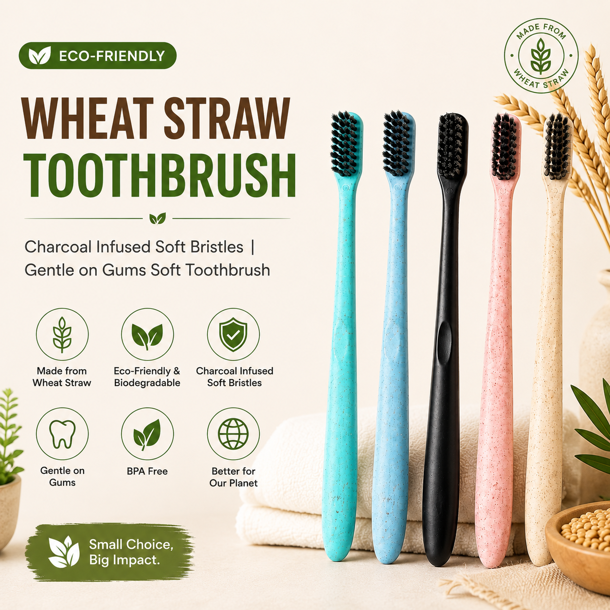 Kotian Wheat Straw Round Toothbrush – Activated Charcoal Bristles | Eco-Friendly
